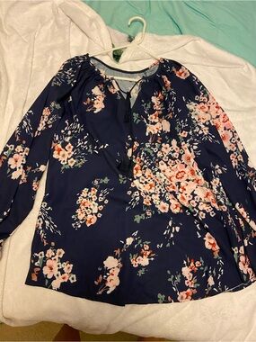 Floral Peasant Blouse - Navy with Pink Blossoms